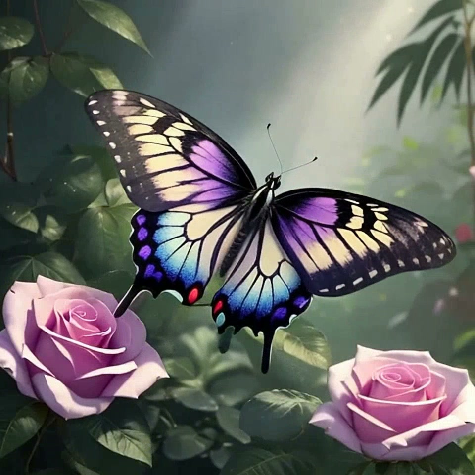Iridescent multicolored swallowtail butterfly hovers between soft pink roses in a misty sunlit ga...