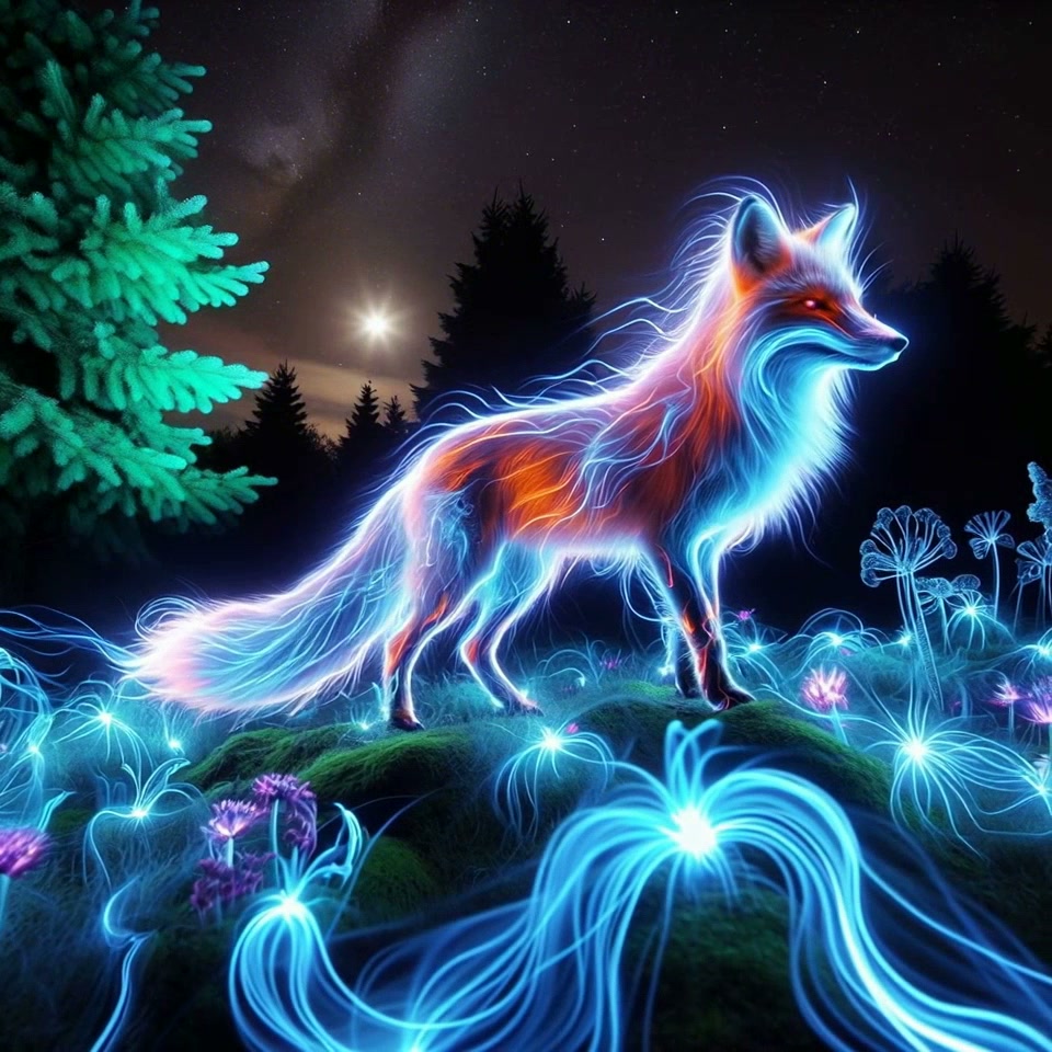 Luminous neon spirit fox stands among bioluminescent flowers in a magical starry night pine forest