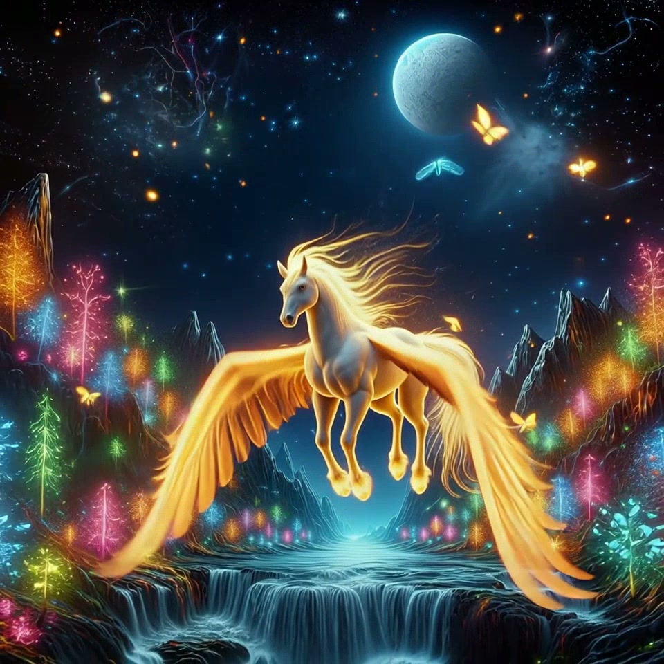 Luminous golden-winged Pegasus hovers above a magical neon forest, under a starry moonlit cosmic ...