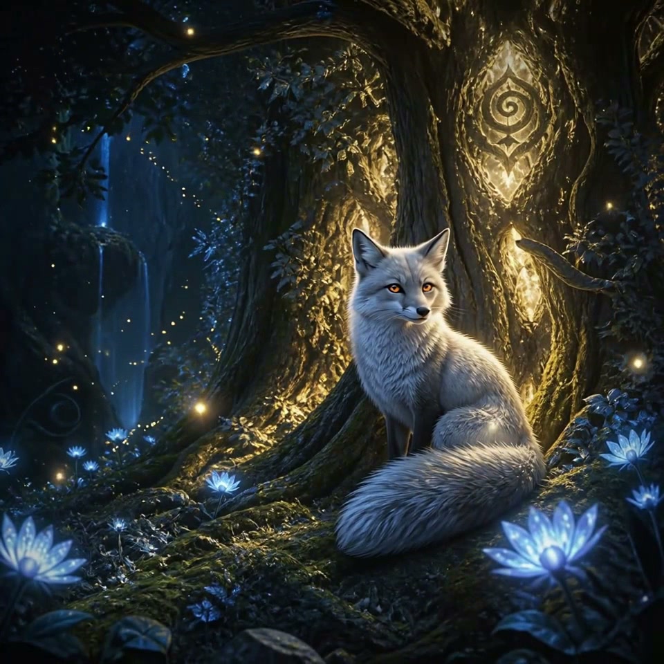 Pale silver arctic fox sits serenely before a glowing ancient magical tree in an enchanted biolum...