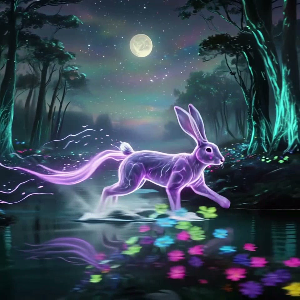 Glowing purple spirit hare wades across a pond in a moonlit bioluminescent enchanted forest at ni...