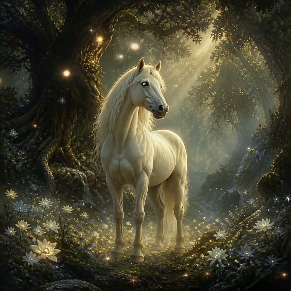 Majestic pale white stallion stands in a sunlit enchanted forest surrounded by glowing flowers an...