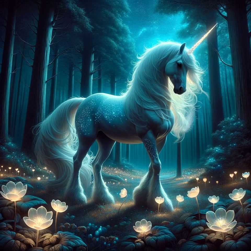Majestic glowing sparkly unicorn stands in a misty enchanted night forest surrounded by luminous ...