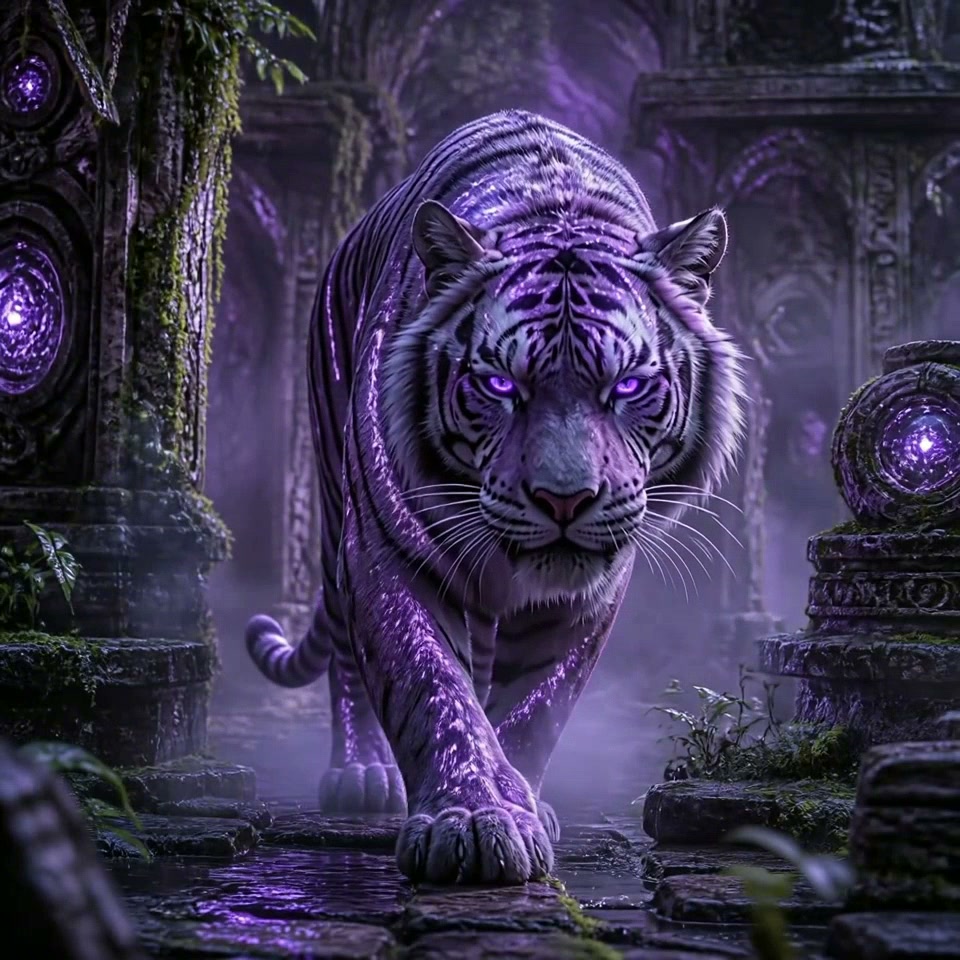 Majestic glowing purple mystical tiger with luminous violet eyes walks through misty ancient over...