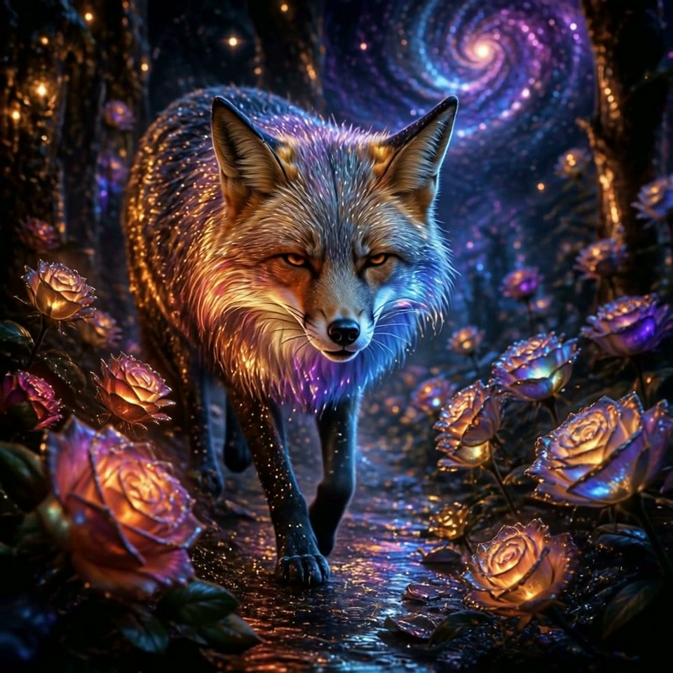 Shimmering magical fox walks along a glistening enchanted forest path lined with glowing roses, u...