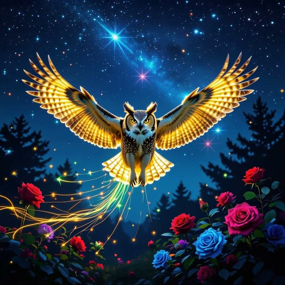 Glowing golden magical owl with outstretched wings flies over a colorful rose garden under a star...