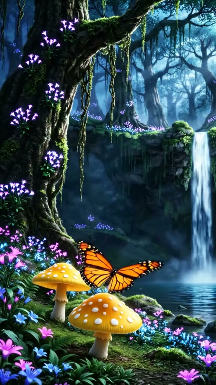 Monarch butterfly perched on spotted yellow toadstools in a glowing misty enchanted forest with c...