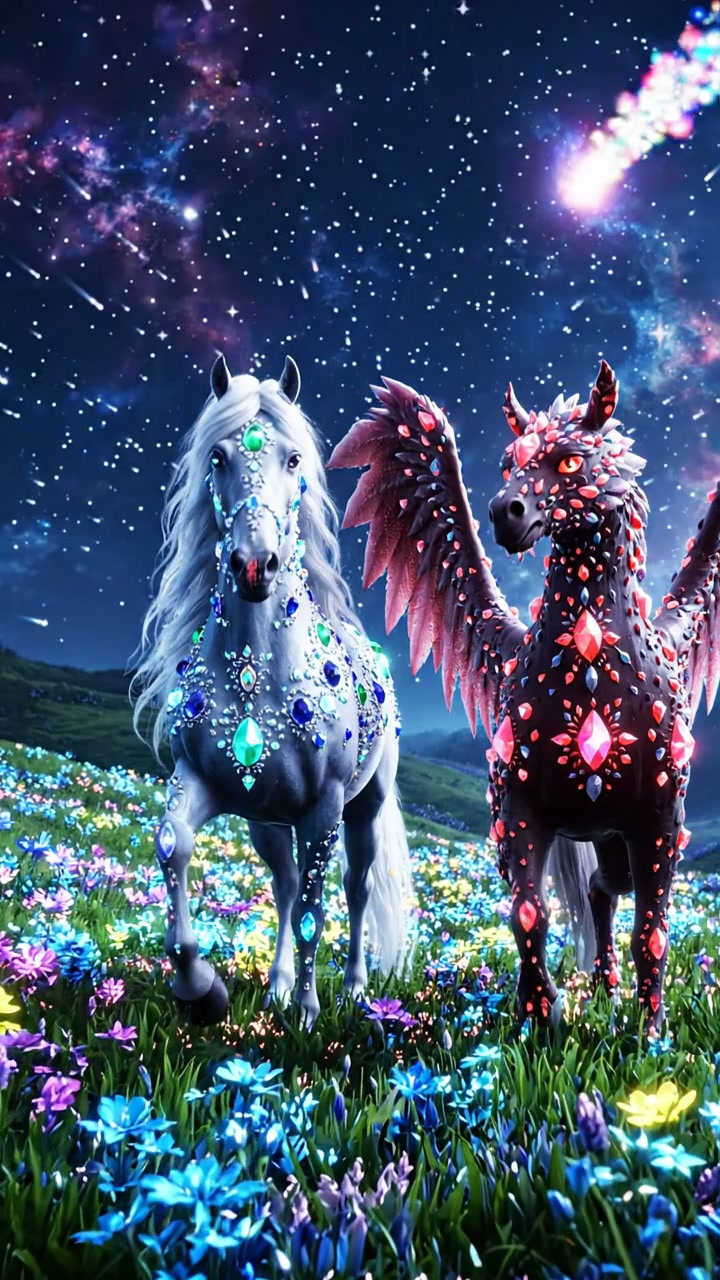 Two jewel-encrusted mythical equine creatures stand in a glowing wildflower meadow under a starry...