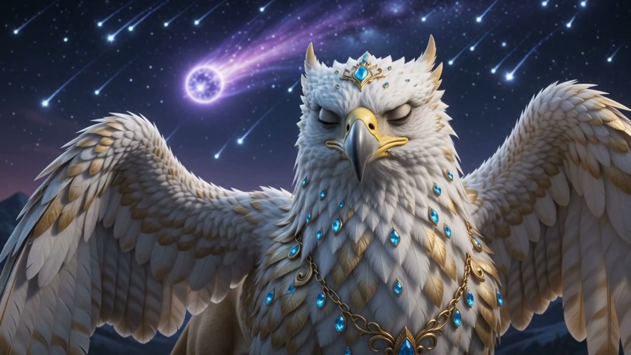 Ornate jeweled celestial griffin with closed eyes stands with outstretched wings against a starry...