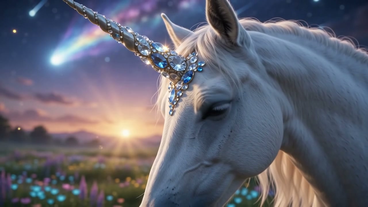 Close-up of a serene white unicorn with a gem-encrusted horn, standing in a wildflower meadow und...