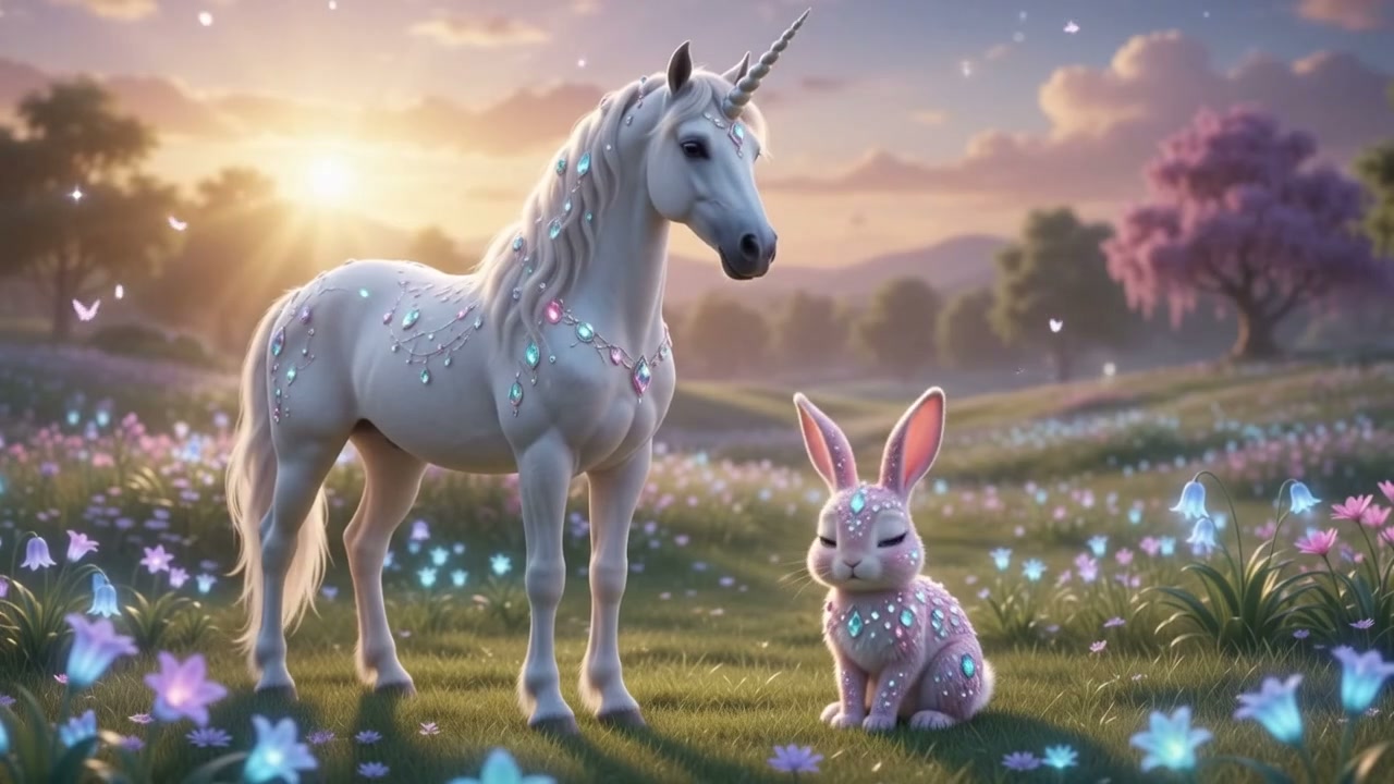 Elegant jeweled white unicorn standing beside a gem-adorned pink rabbit in an enchanted sunset wi...
