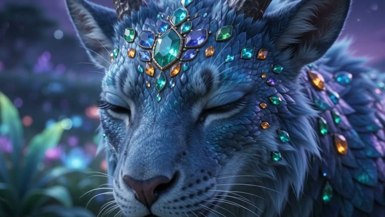 Close-up of a jewel-encrusted blue horned fantasy feline beast with closed eyes, set in a glowing...