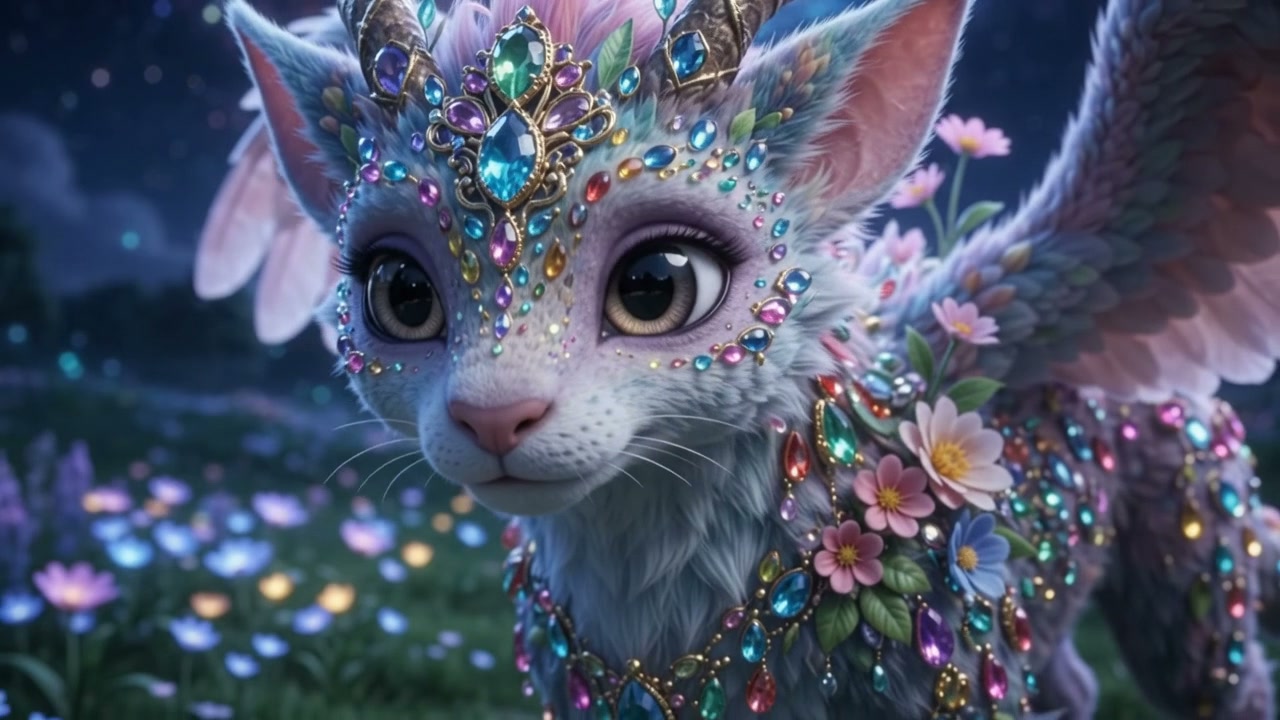 Ornate jeweled winged fantasy feline creature standing in a glowing magical moonlit flower meadow