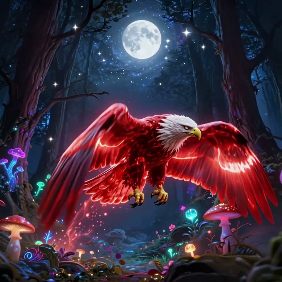 Glowing crimson mythical eagle hovers mid-flight over a bioluminescent enchanted forest under a f...