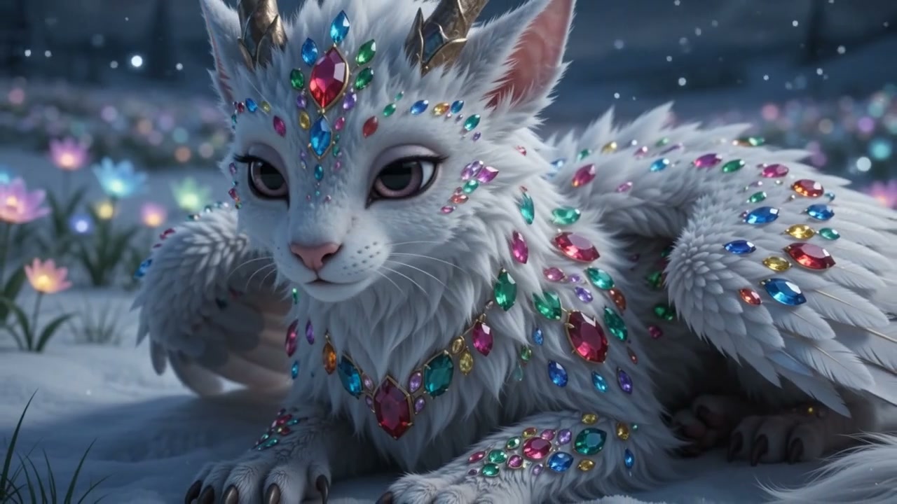 Jewel-encrusted white winged mythical cat with golden horns rests in a glowing snowy enchanted fl...