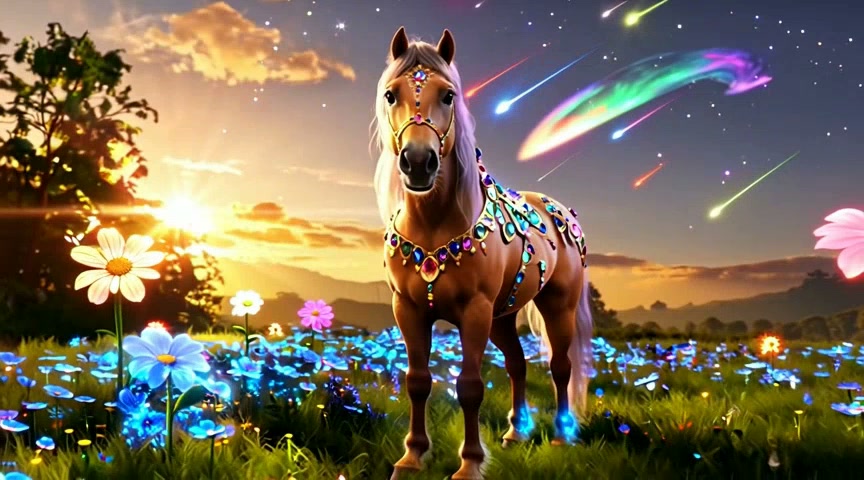Ornate jewel-encrusted fantasy horse stands in a glowing wildflower meadow under a meteor shower ...