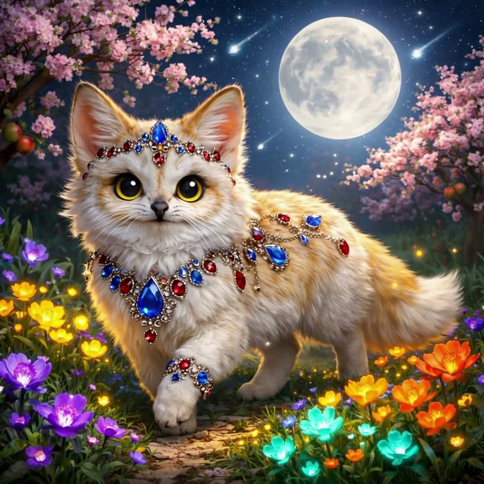 Adorable fluffy jeweled fantasy cat standing in a glowing moonlit magical flower garden