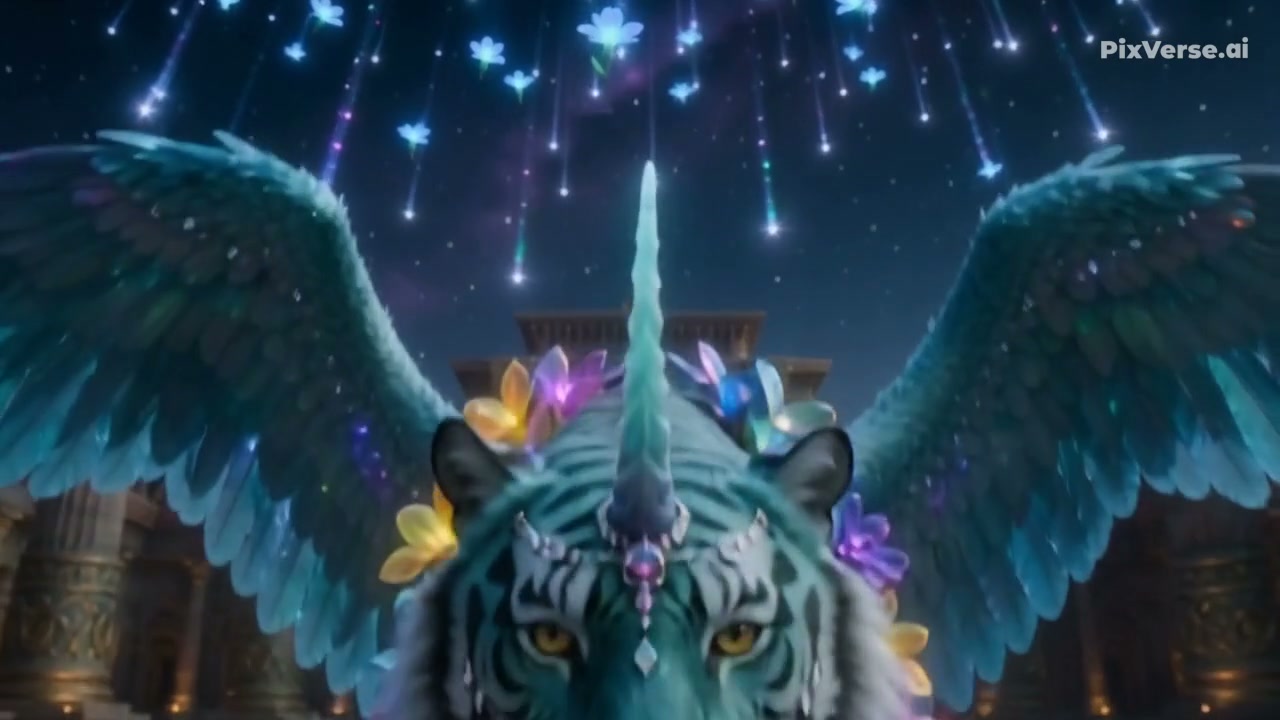 Majestic winged turquoise tiger unicorn mythical beast under falling glowing celestial flower met...