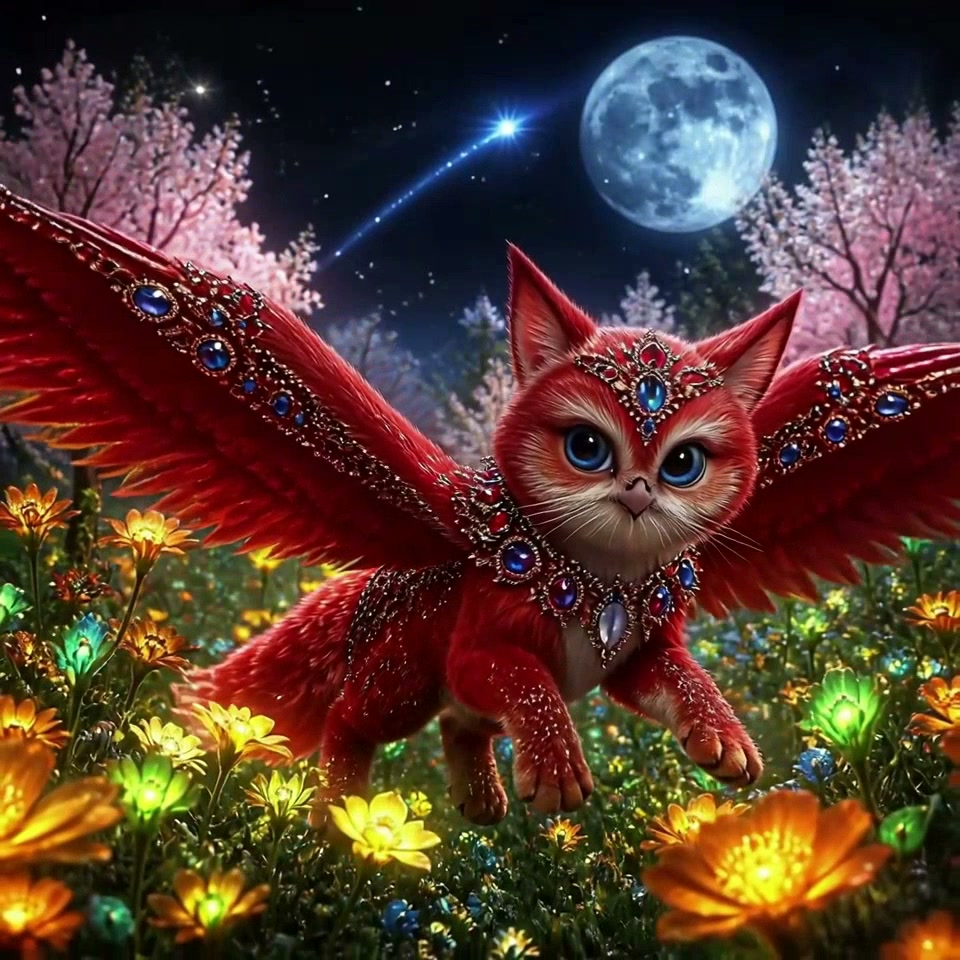 Cute ornate red winged fantasy cat in glowing wildflower meadow under full moon starry night sky