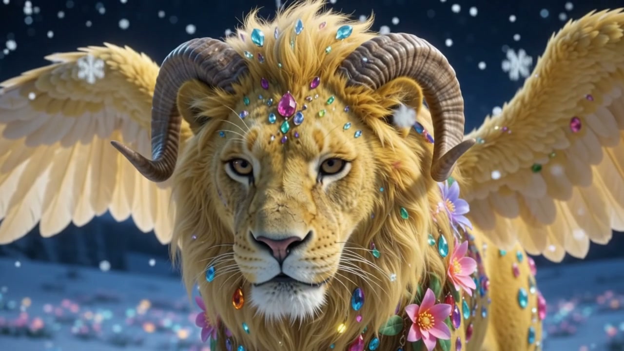 Regal fantasy winged golden lion with ram horns, gem and flower decorations, in a snowy magical n...