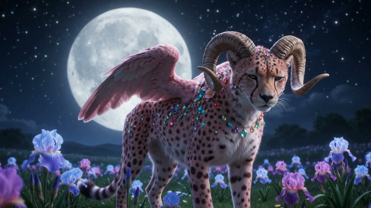 Mythical winged horned cheetah creature stands in an iris flower field under a bright full moon s...