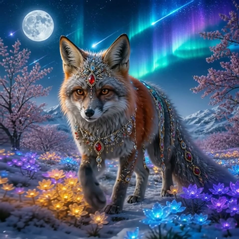 Regal bejeweled magical fox stands in glowing flower field under aurora borealis, full moon, and ...