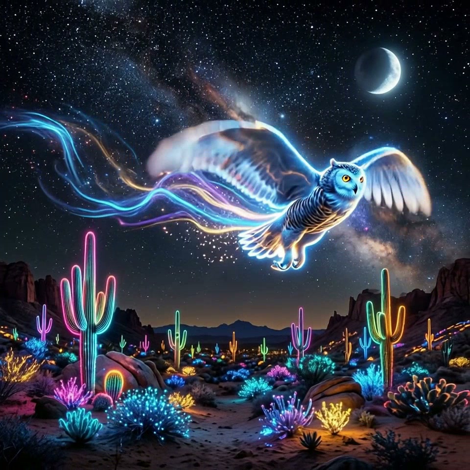Ethereal glowing snowy owl flies over a neon-lit desert landscape under a starry crescent moon ni...
