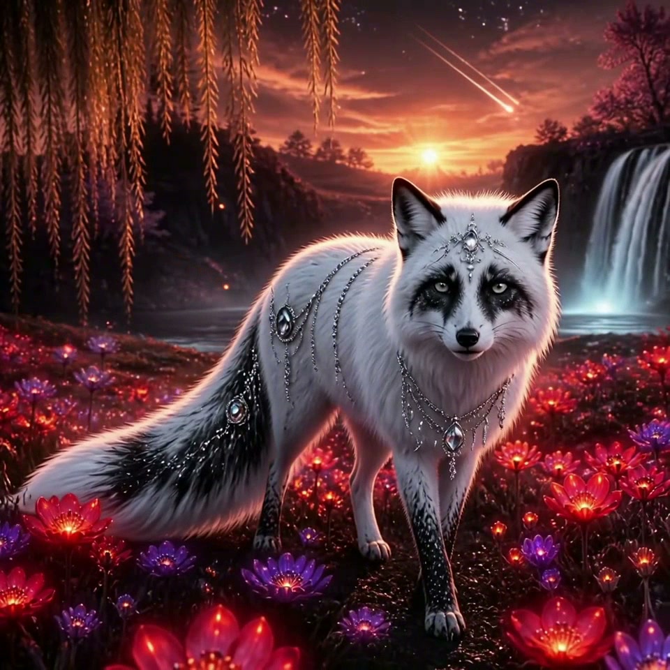 Regal jeweled white arctic fox stands in a glowing magical flower field at sunset, with fantasy w...