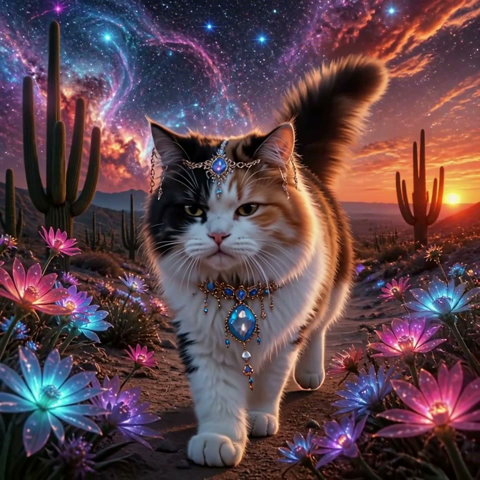 Regal jeweled fluffy calico cat walks through glowing desert blooms under a swirling cosmic sunse...