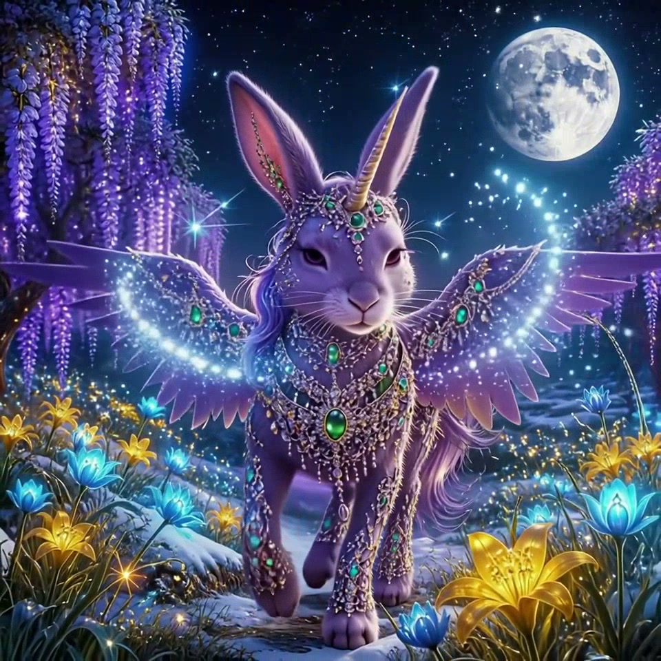 Ornate winged purple jackalope unicorn stands in an enchanted moonlit starry flower garden