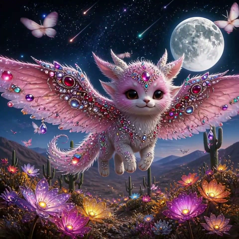 Jeweled pink winged fantasy cat floats over glowing desert flowers under a full moon starry sky