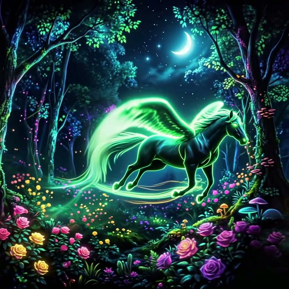 Glowing neon green pegasus floats through a bioluminescent enchanted forest under a crescent moon