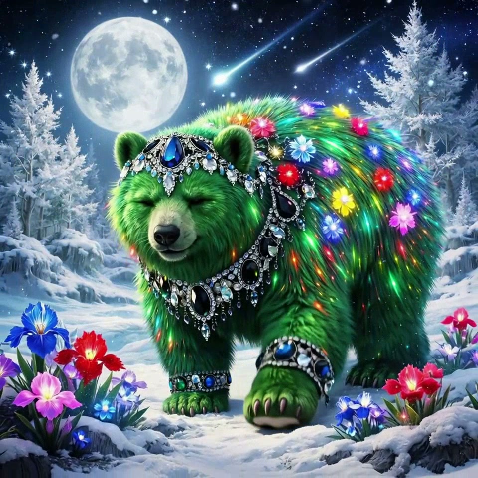 Jewel-adorned glowing green magical bear stands in a snowy moonlit winter forest with bright glow...