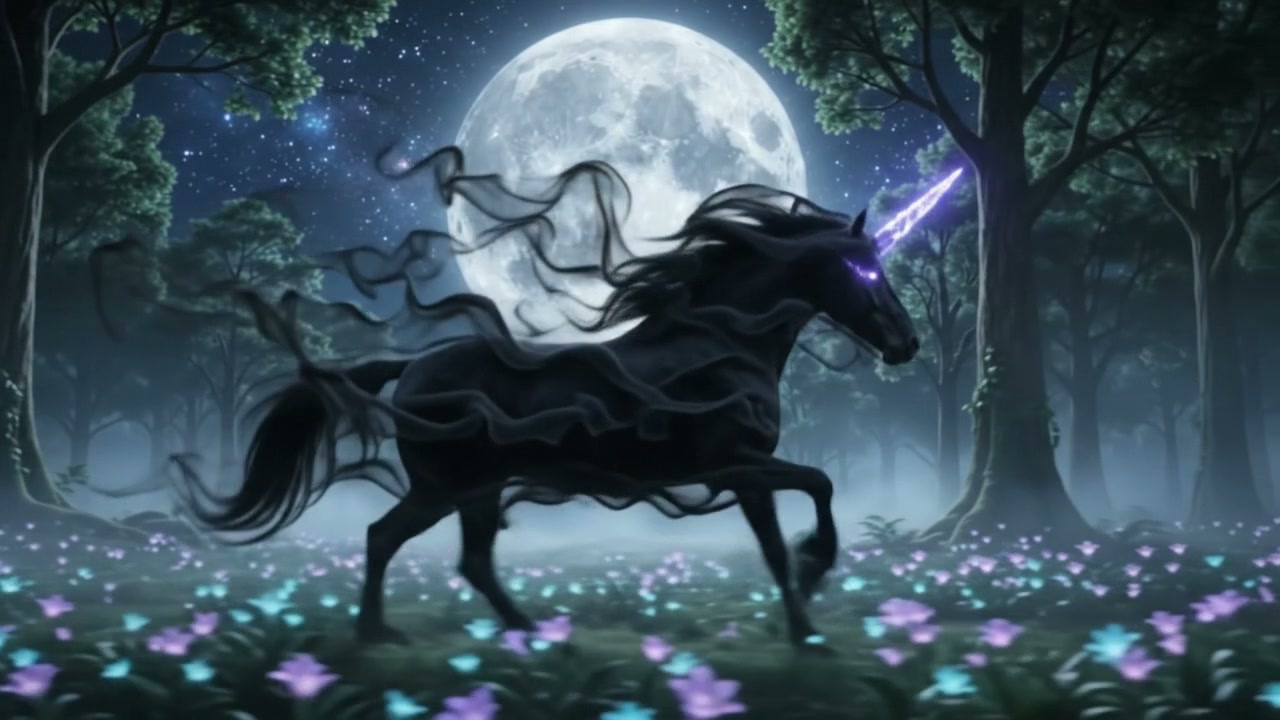 Dark shadow unicorn with glowing purple horn trots through misty enchanted forest under a bright ...