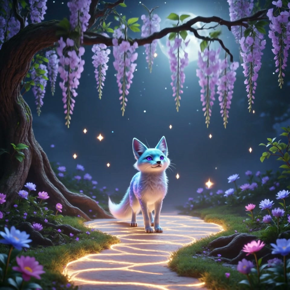 Glowing pale blue fantasy fox standing on a magical moonlit path framed by hanging wisteria blossoms