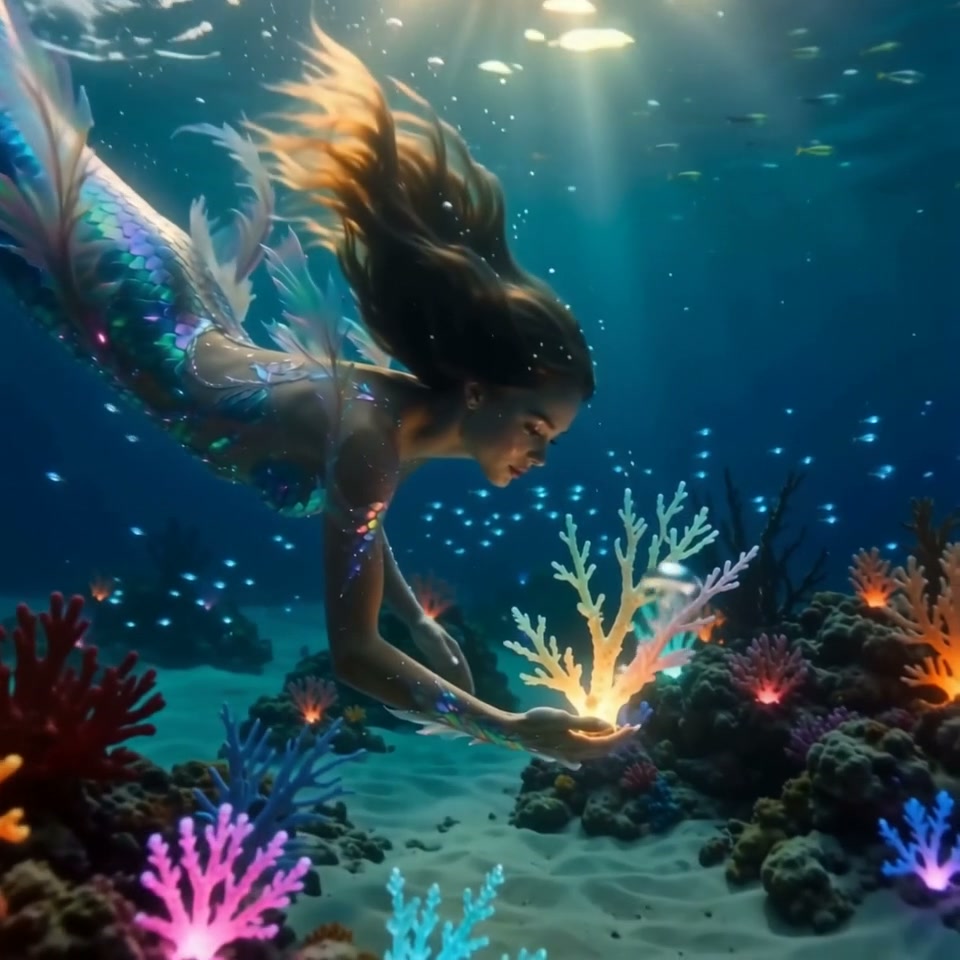 Graceful mermaid swims over a glowing coral reef holding a luminous underwater growth