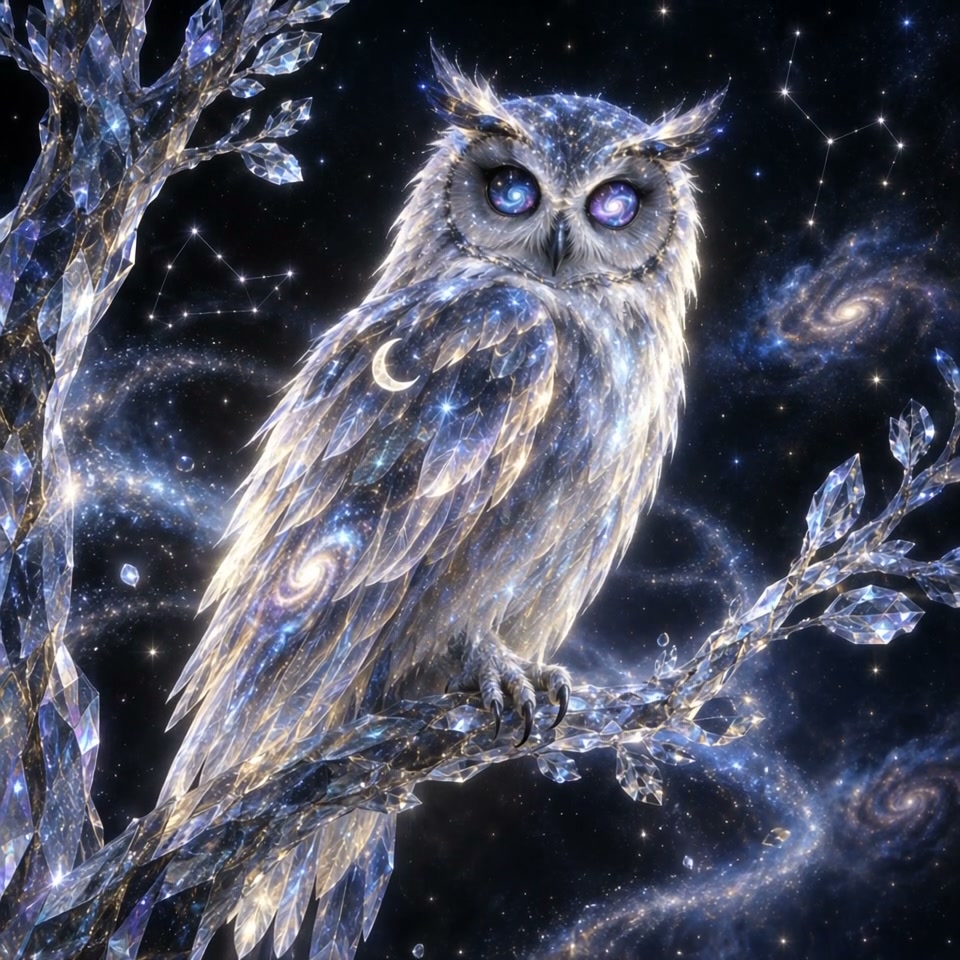 Ethereal cosmic owl with swirling galaxy eyes perched on crystal branches against a starry nebula...