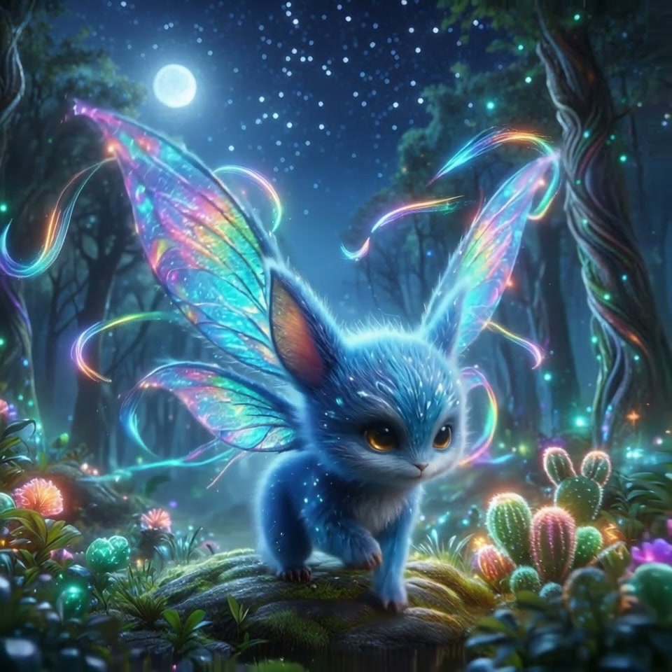 Fluffy blue fairy forest creature with iridescent wings standing on moss under a glowing full moon