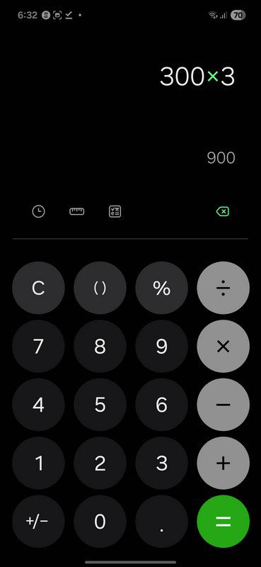 Dark mobile calculator screen displaying 300×3 with large circular buttons and a green equals key.