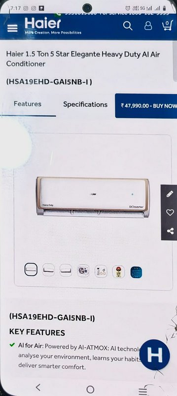White Haier wall-mounted air conditioner with DC inverter on a product page screenshot