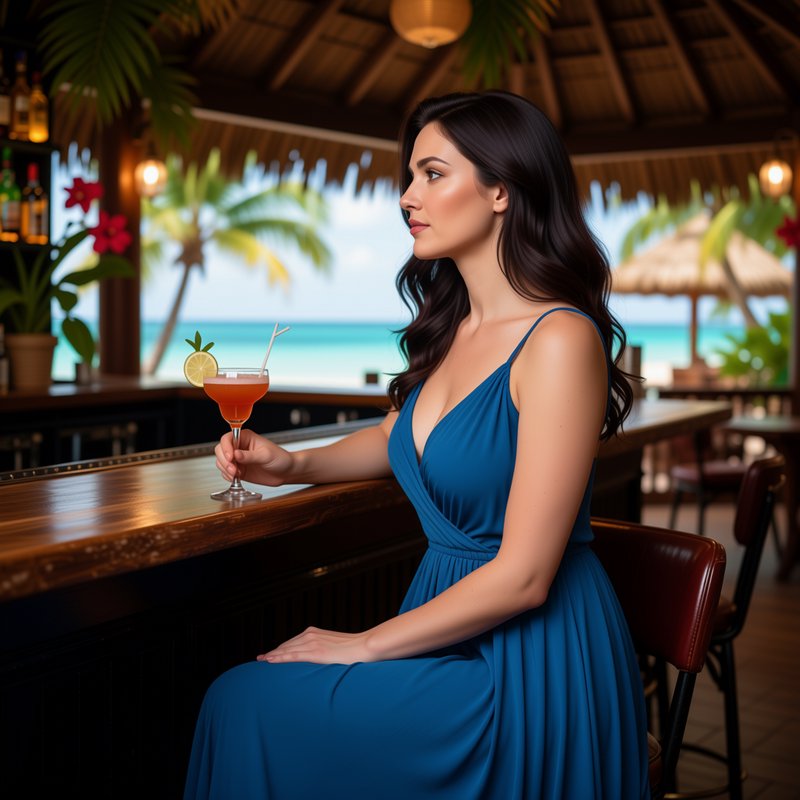 Elegant woman in a deep blue maxi dress sits at a beachfront tiki bar holding a garnished tropica...
