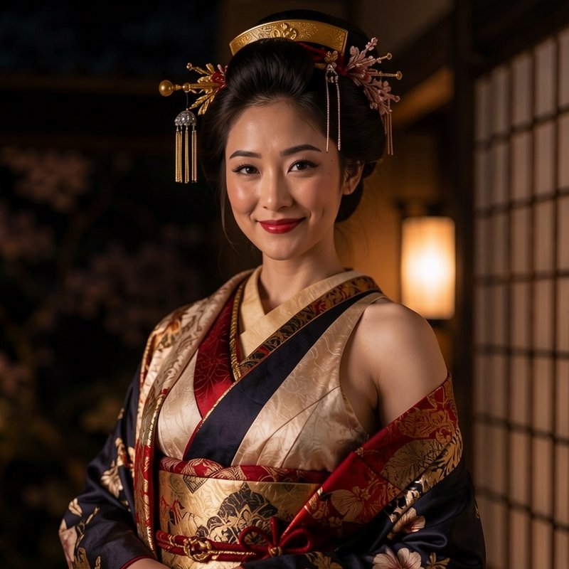 Smiling woman in ornate traditional Japanese kimono with kanzashi hair ornaments, warm lit tradit...