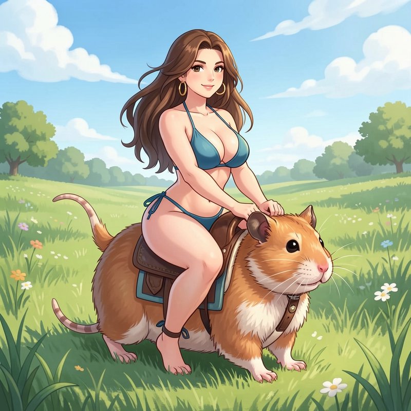 [Anime style illustration of a woman in a blue bikini riding a giant saddled hamster across a sunny grassy meadow]