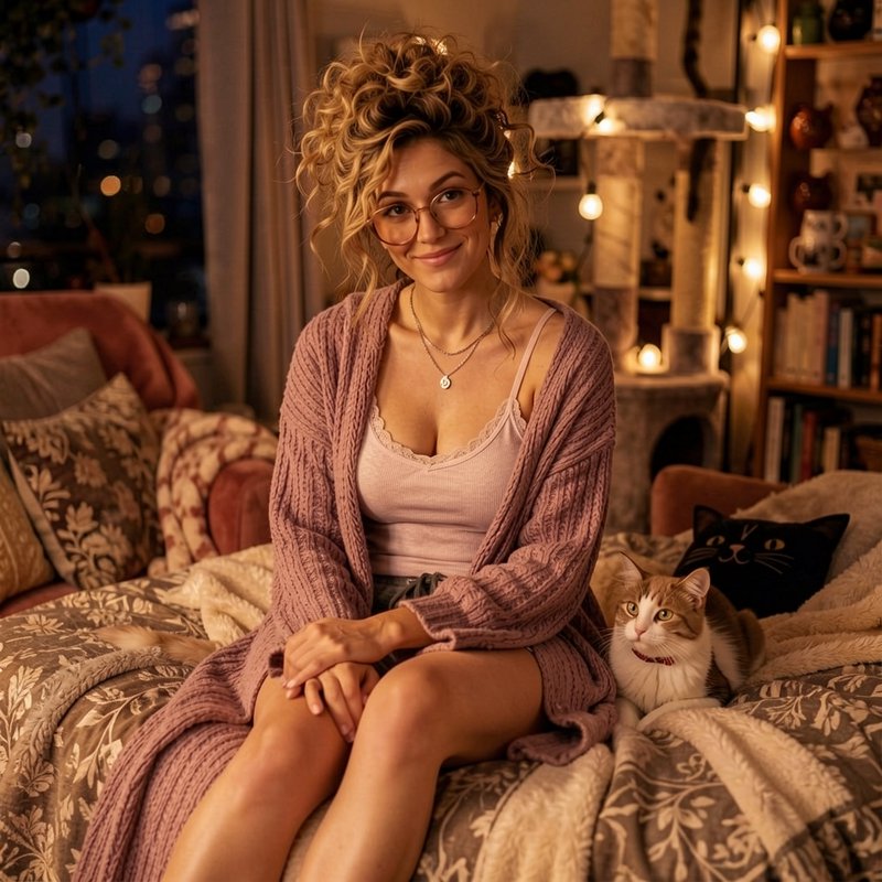 Smiling woman in cozy loungewear sits on a bed next to her orange and white cat in a warm lit apa...