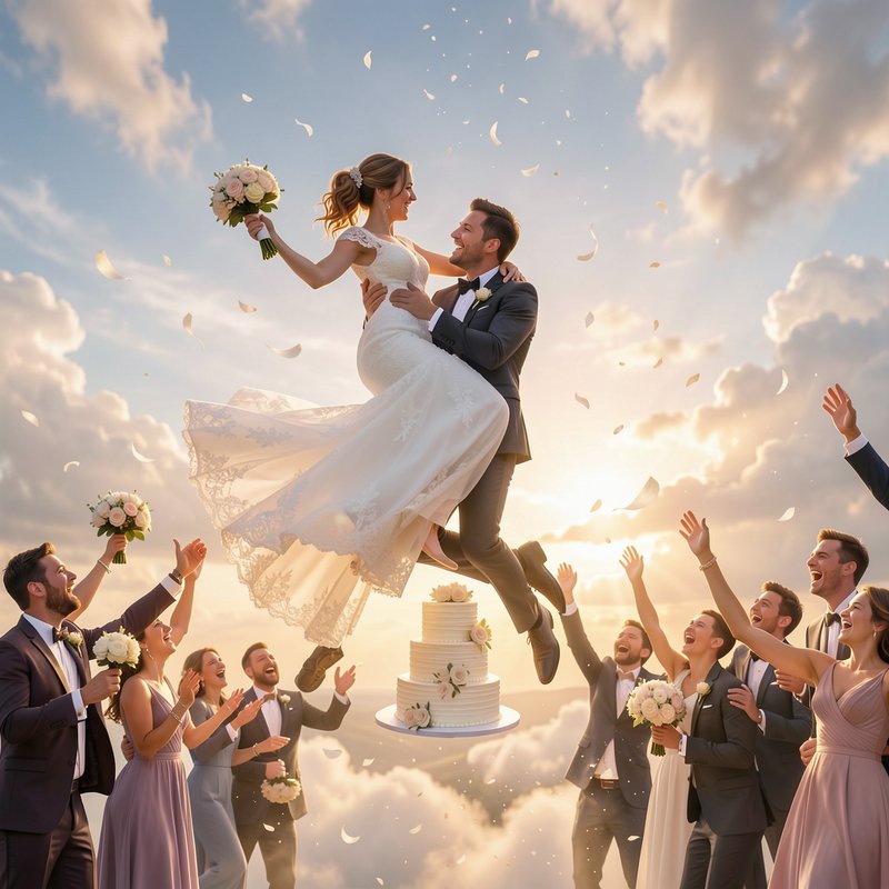Surreal joyful wedding scene, groom lifts floating bride above wedding cake, cheering bridal part...