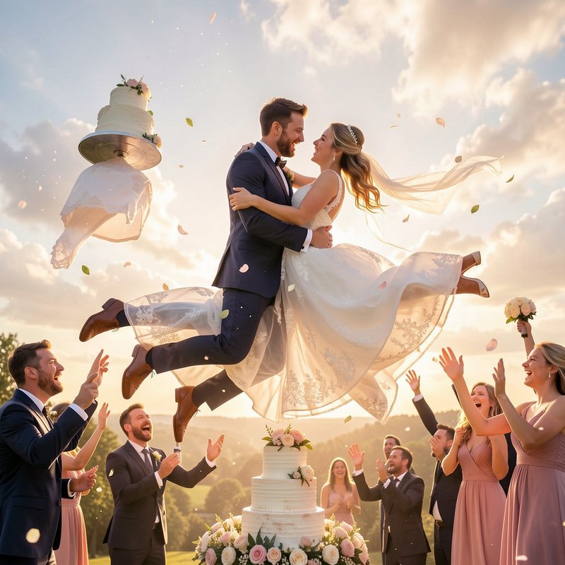 Surreal joyful newlywed couple float embracing mid-air at golden hour outdoor wedding, cheering g...