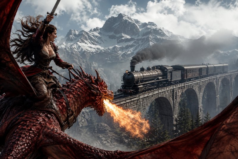 Fierce female warrior raising a sword rides fire-breathing red dragon confronting a steam train o...