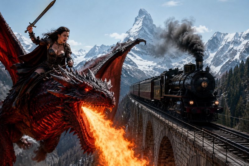 Fierce female warrior wields a sword while riding a fire-breathing red dragon confronting a steam...