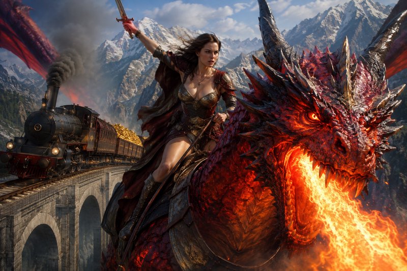 Armored fantasy warrior holds a raised sword while riding a fire-breathing red dragon beside a st...