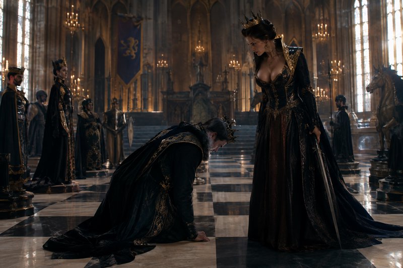 Kneeling crowned king bows before a stern, sword-wielding queen in an opulent gothic royal throne...